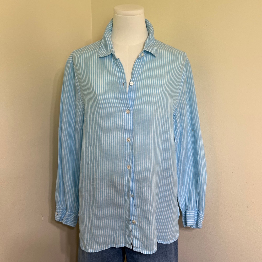 J. Jill Love 100%Linen Blue White Striped Button Down Shirt Womens Medium Petite